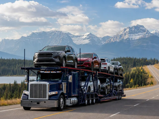 Car carrier on a Canadian highway for province-to-province vehicle transport