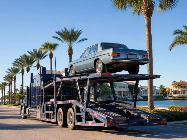 Vehicle on a carrier in a sunny southern U.S. setting for snowbird car shipping