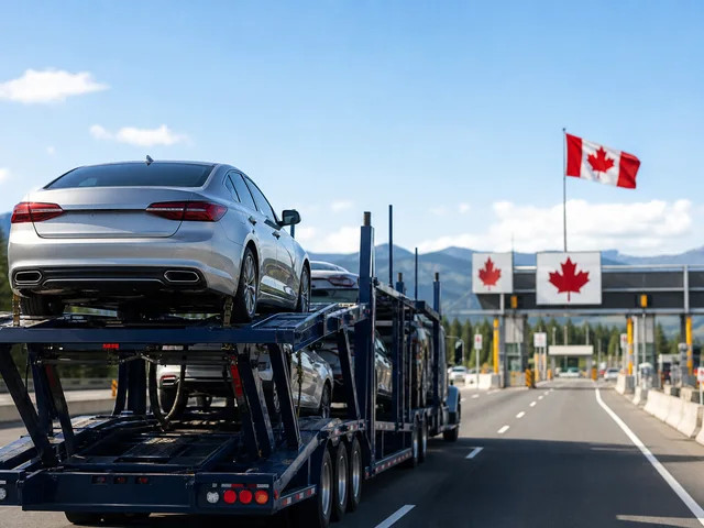 Car carrier truck approaching the Canada border for U.S. to Canada vehicle import
