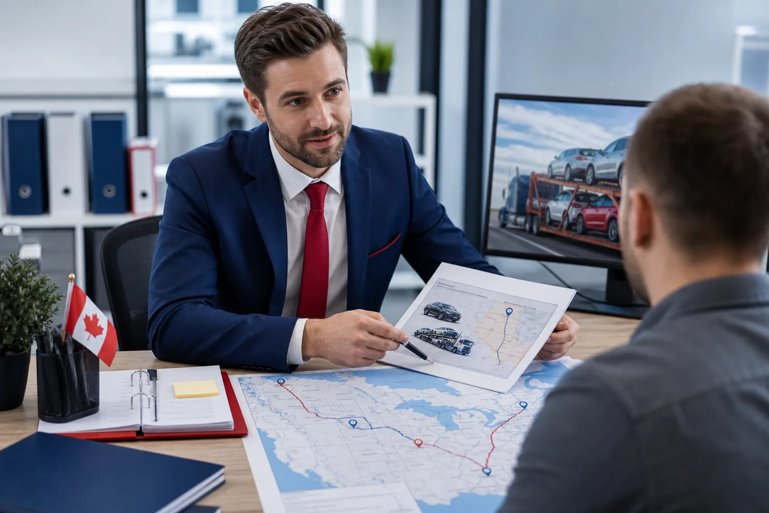 Auto transport specialist reviewing a customized vehicle shipping plan